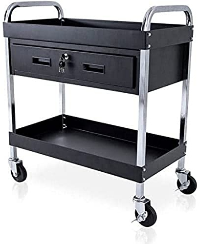 QUIRUMED - Carro para Peluquería y Tatuajes | Bandeja Superior e Inferior | Cajón con Cerradura | Ruedas con Freno, Negro, Normal, Acero Aleado