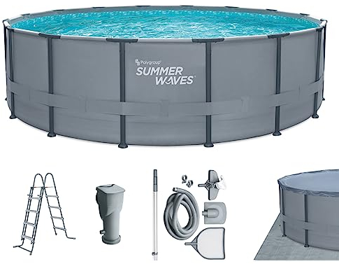 Summer Waves Frame Pool Komplettset | Rund 488x122 cm Grau | Aufstellpool Set | Gartenpool & Schwimmbecken inkl. Filterpumpe, Einstiegsleiter, Abdeckplane, Bodenvlies & Deluxe-Reinigungsset