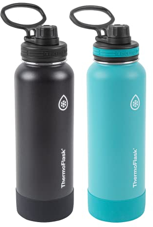 Thermoflask 1,2 l Flasche mit Ausgießer, Edelstahl, doppelwandige Isolierung und BPA-frei, auslaufsicher, wiederverwendbar, Onyx-Schwarz/Splash (2 Stück)