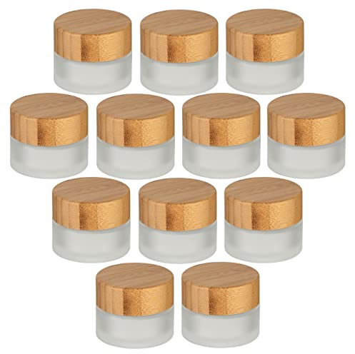 gouveo 12er Set Cremetiegel 15 ml aus Matt-Glas mit Holz-Deckel - Leere Cremedose zum Befüllen - Kleine Döschen für Creme, Kosmetik, Lotion - Perfekt für Reise und Handtasche (CTM015BM)