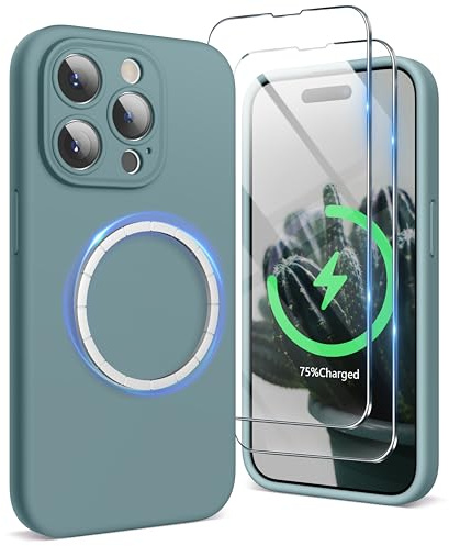 SURPHY Magnetic Case for iPhone 15 Pro Case with Screen Protector, Liquid Silicone Anti-Scratch Compatible with MagSafe Gel Rubber Phone Case for iPhone 15 Pro 6.1 inch, Cactus Green