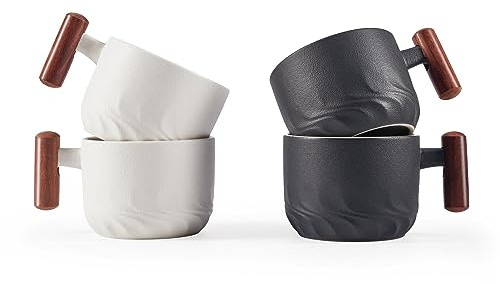 CLASGLAZ 70ml Ceramic Espresso Cups with Wooden Handle, Small Coffee Cups Double Shot Espresso Cups Set of 4,