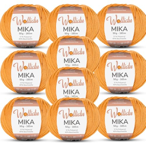 Wollidu Mika 51% Polyacryl 49% Baumwolle zum Häkeln und Stricken 10x 50g/165m Oeko-Tex Strickgarn Häkelgarn - Senf