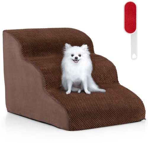 GOPLUS Haustiertreppe aus Schwamm, Hundetreppe mit Waschbar Bezug, rutschfeste Hunderampe für kleine Hunde und Katzen zum Klettern auf Hochbetten und Sofas, bis zu 30 kg belastbar (3-Stufen Braun)