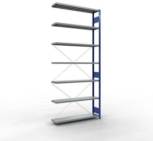 qpool24 Anbauregal, Fachbodenregal Stecksystem MULTIplus250, 3000 x 1300 x 300 mm (HxBxT), 7 Fachböden, Kreuzstrebe, RAL 5010 enzianblau/verzinkt