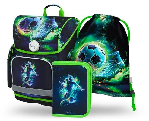 Baagl Schulranzen Jungen Mädchen Set 3 Teilig, Ergo Schultasche für 1. Klasse, Ergonomische Grundschule Ranzen Tornister mit Brustgurt (Fußballspieler)