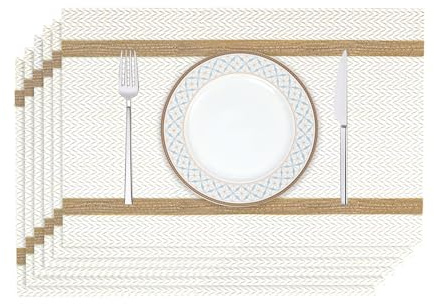 fanquare 6er Set Platzsets PVC Tischsets Weiß - Abwaschbar, Hitzebeständig, rutschfest, 45x30cm mit Gold Rand, Platz-Matten für Küche und Esszimmer