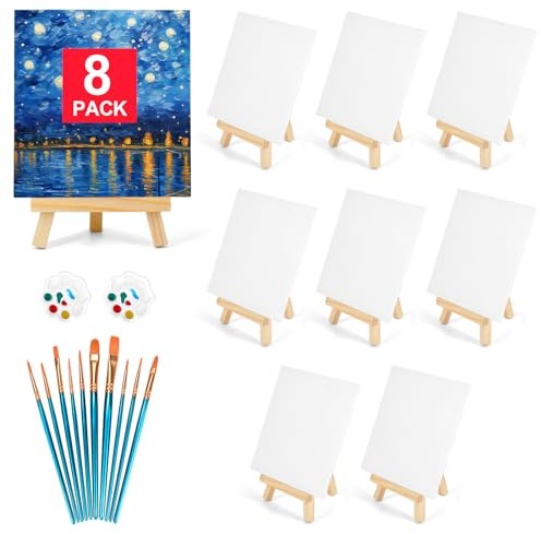 8 Stück 20,3 x 25,4 cm Leinwandtafeln zum Malen, Kunstleinwand zum Zeichnen mit 10 Pinseln und 2 Farbschalen, Mini-Malleinwand mit Staffelei-Set, Malsets für Erwachsene und Kinderpartys