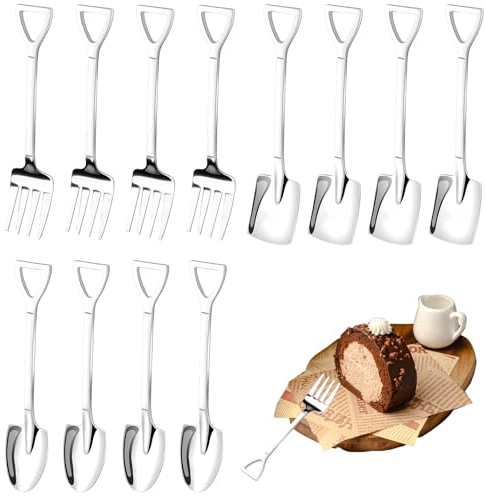 12 Pièces Cuillères en Acier Inoxydable, Petite Cuillère à Dessert, Pelle Créative en Forme de Pelle, Fourchettes et Cuillères à Fruits, Cuillere a Cafe, pour Cuisine, Fête, Restaurants