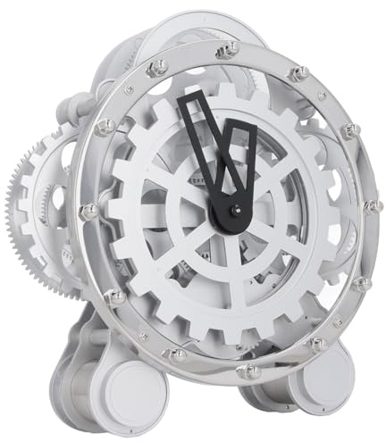 Wifehelper Rotierende Uhr mit Zahnrad aus Edelstahl, Europäische Vintage-Doppelfuß-Standuhr, Stressabbauende Uhrdekoration mit Zahnradwerk für das Büro