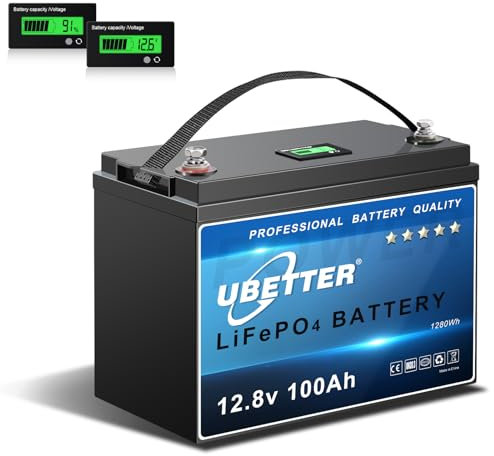 UBETTER 12V 100Ah Mini LiFePO4 Batería, 100Ah Bateria Litio con Monitor y 100A BMS, 4000+ ciclos LiFePO Batería, Soporte en Conexión Serie/Paralelo, Fuente de Energía para Uso Interio