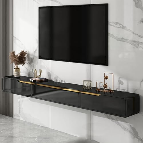 Ahtadums Massivholz TV Lowboard Hängend, TV Schrank hängend mit 2 Schubladen TV Board hängend Hängeschrank Wandregal komplett montiert (Schwarz A, 160cm)