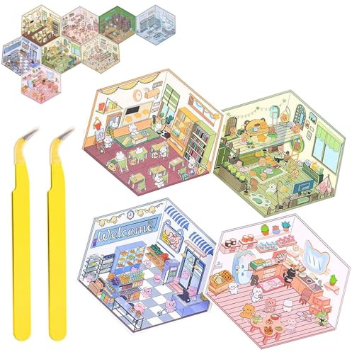 LunarCharm 4-teiliges 3D-Aufkleber-Szenen-Set mit Pinzette, DIY 3D-Hausaufkleber, Aufkleber-Szenen für Erwachsene und Kinder, Geschenke zum Mini-Zimmer-Aufkleberbuchs