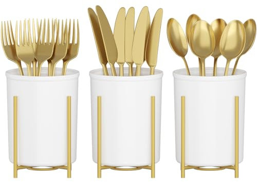 Lifewit 3 Stück Küchenutensilienhalter mit Goldener Metallständer, Besteckhalter für Küche Arbeitsplatte, Besteckkorb aus Kunststoff für Gabeln/Löffel/Messer, Utensilienhalter Küche für Camping/Party