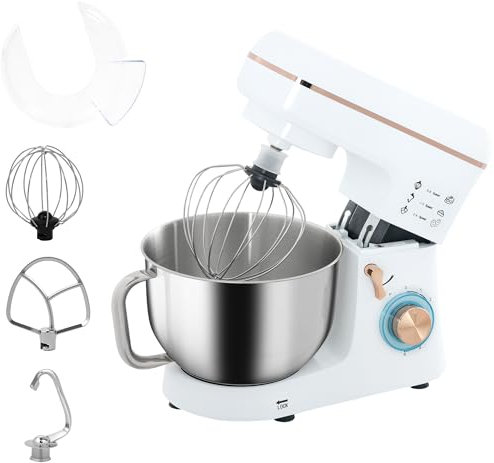 HOMCOM Stand Mixer, 5L Food Mixer for Baking, 6 Speeds and Pulse Setting, 1400W Cake Electric Kitchen Mixer with Dough Hook, Whisk, Stainless Steel Bowl, Splash Guard, Beater, White