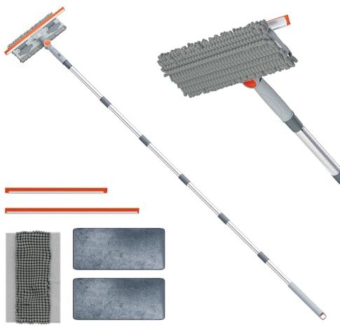 6.4FT Extendable 2-in-1 Window Squeegee & Scrubber with Long Handle, 180° Adjustable Head, Streak-Free Silicone Blade, Multi-Purpose Glass Cleaning Tool for High Windows, Mirrors & Car Windshields