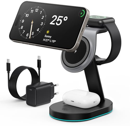 3 en 1 Chargeur Induction, Qi2-Certifié 15W Station de Charge Rapide Mag-Safe Chargeur sans Fil avec 30W Prise USB C et Veilleuse pour iPhone 16/15/14/13/12 Série, Apple Watch, Airpods etc - Noir