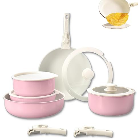 UCK-KIT Pots And Pan Set Non Stick, 11 Piece Nonstick Maifan Cookware Set with Detachable Handle, Gourmetific Cookware Set, Stackable Cooking Pot Set, Dishwasher ＆ Oven Safe,Pink