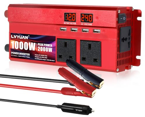 LVYUAN 2000W Inverter DC 12V to 240V AC Car Converter 1000W continous watt with 4 USB, 3 AC Sockets and LED Display Car Adapter for Travel Camping RV Truck