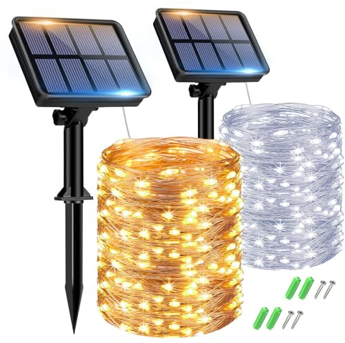 btfarm 2 Paquete Guirnaldas Luces Exterior Solar, Totalmente 30M 300 LED, 8 Modos Cadena de Luces Decoracion para Terraza, Fiestas, Bodas, Jardines-Blanco Cálido+Frío