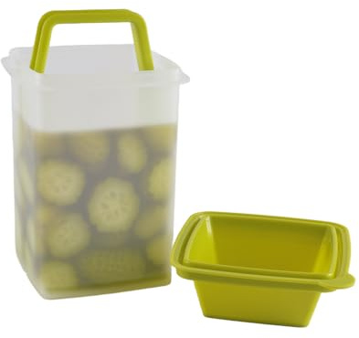 Tarro de pepinos con colador e inserto de elevación, práctico recipiente para pepinos y pepinillos para cocina y frigorífico, tarros de pepinos de plástico transparente, aptos para lavavajillas, sin