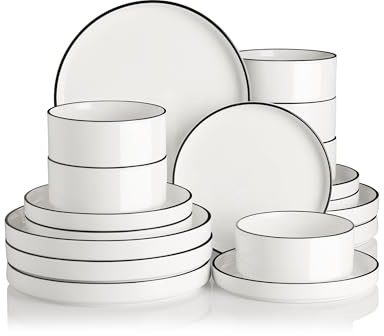Sweejar Home Service de table 18 pièces en porcelaine pour 6 personnes - Assiettes et bols en céramique - Classique et moderne - Passe au lave-vaisselle et au micro-ondes (bord blanc/noir)