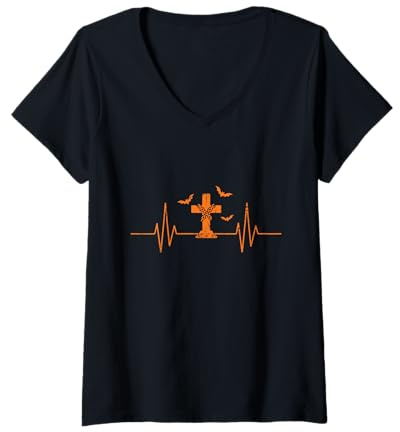 Mujer Cruz de Tumba con Cadena Heartbeat EKG Line Halloween Camiseta Cuello V
