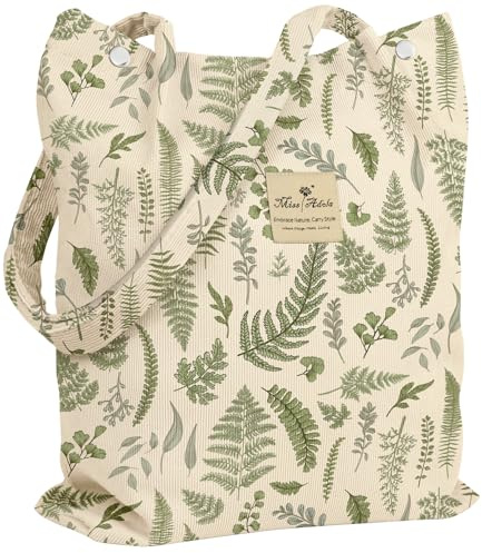 Miss Adola Corduroy Tote Bag for Women - Reusable Totes with Magnetic Buckle & Pocket Stylish Aesthetic Design Work Bags for Shopping Travel Grocery Bags, Leaf Collection