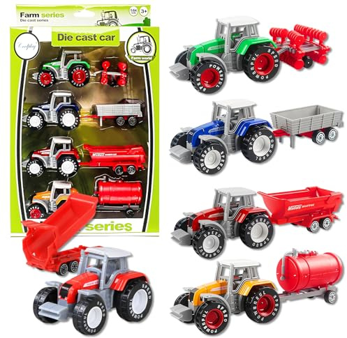 Eymobad Lot de 4 tracteurs en métal avec cabine amovible et remorque, jouet de tracteur pour enfants, en métal/plastique, modèle robuste, idéal pour l'intérieur et l'extérieur