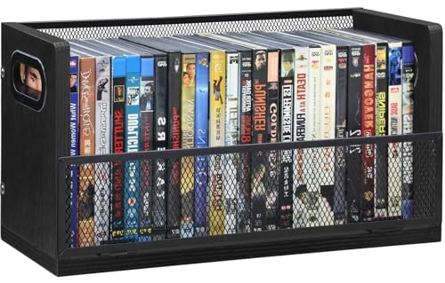 Salajory DVD Bluray Storage Rack with Handles, Holds 28 DVD or 32 Blu-ray Cases | Portable DVD Case Holder for Desktop, Closet, Video Games, Books & Movies, Black