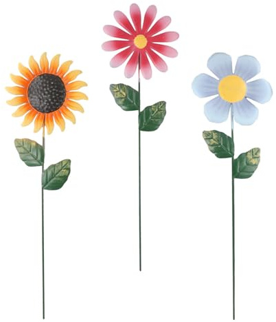 FACAIIO Lot de 3 grands piquets de jardin en forme de tournesol de 48 cm, sculpture de fleur en métal pour l'extérieur, fer résistant à la rouille, piquets décoratifs multicolores pour jardin