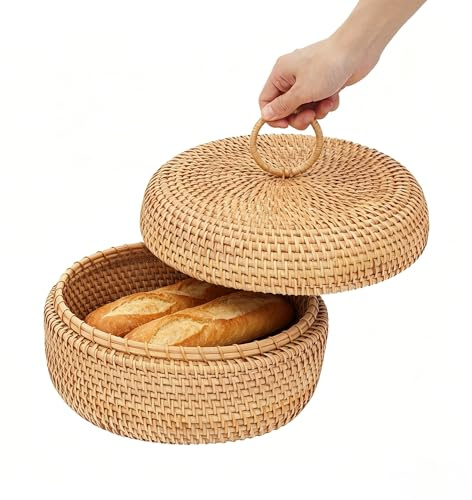 Handgewebter Korb mit Deckel – runder Aufbewahrungskorb aus natürlichem Rattan, Ø 24 cm, dekorativer Brotkorb für Küche, Wohnzimmer & Bad – ideal für Brot, Obst, Snacks & Kleinigkeiten