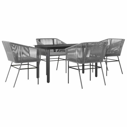 PUGYNBK Set da pranzo da giardino con tappezzeria, grigio polyrattan vetro, 4 sedie con cuscino e tavolo, per terrazze, balcone