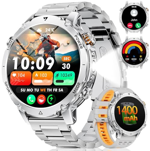 SUNKTA Smartwatch Herren 1400 mAh 20 Tage Akkulaufzeit 1,7″ HD Bluetooth Anrufe Militär Smart Watch für iOS Android,Herzfrequenz/Schlafmonitor/Schrittzähler,Taschenlampe,100+ Sportmodi,Silber