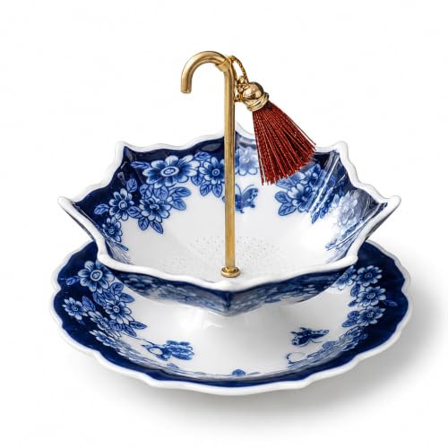 Celadon Umbrella Tea Infuser with Drip Tray, Blue & White Ceramic Mesh Strainer for Loose Leaf, Kung Fu Tea Filter Set, Durable Non-Drip Design Tea Strainers for Loose Tea Home, Office Tabletop & Gift