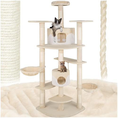 tectake® XXL Kratzbaum für Katzen, Katzenkratzbaum groß, mit Zubehör Katzenspielzeug Kordel, Liegemulde, 2X Katzenhöhle, Katzenbaum mit Kratzsäule aus Sisalseil, deckenhoch (beige/weiß)
