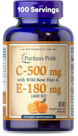 Puritan's Pride Premium Vitamin C-500mg with Rose HIPS and Vitamin E-400, Supplement for Antioxidant, Heart, Circulatory, and Immune System Support, 100 Rapid Release Softgels