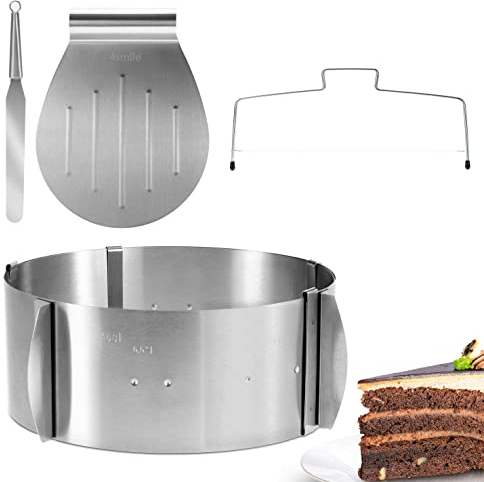 4smile Torten-Zubehör-Set 5 Teile - Tortenring verstellbar hoch 8,5 cm + Tortenschneider + Tortenheber + Tortenplatte drehbar + Streichpalette - Praktisches Backzubehör-Set