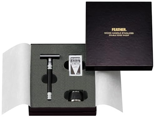 Feather WS-D2S Rasierhobel mit Holzgriff, Edelstahl und Ständer