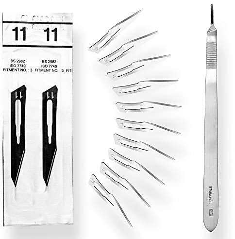 Set - 10 Stück Skalpellklingen Figur 11 aus Karbonstahl - Ersatzklingen einzeln steril verpackt + 1 x May - Skalpell-Halter mit 20 cm langem und gebogenen Griff - Edelstahl