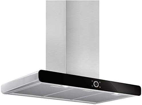 Pyramis Edelstahl Inselhaube 90 cm - breite Dunstabzugshaube im Abluft-Betrieb - schwarzes Glas & LED Beleuchtung