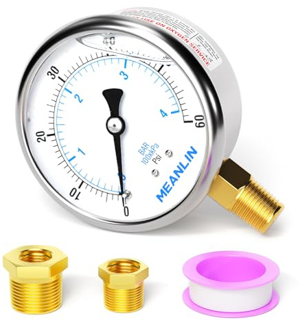 MEANLIN MEASURE 0~60Psi Stainless Steel 1/4 NPT 2.5 FACE DIAL Liquid Filled Pressure Gauge, Pool Sand Filter Pressure Test Lower Mount, with 1/2 NPT and 3/8 NPT Hex Bushing