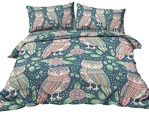 BlessLiving Bedding Owl Print Duvet Cover Set Double Size Cute Flower Bed Sets 3 Piece Green Leaves Quilt Cover with 2 Pillow Shams for Kids Teen Boys