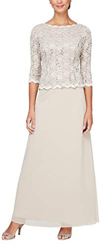 Alex Evenings Women's 3/4 Sleeve Stretch Lace Bodice One Piece Mother of The Bride Dress Regular Sizes, New Taupe, 6 Petite
