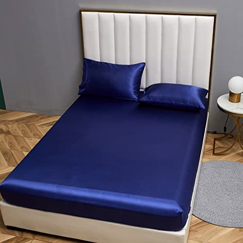 Damier Satin Spannbettlaken 200x200cm Blau Seide Glänzend Spannbetttuch Hochwertiges Satin Deluxe Bettlaken, geeignet für Matratzen bis 30cm