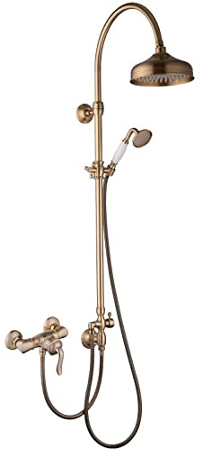 PaulGurkes Bronze Aufputz Duschsystem Retro Set Duscharmatur Mischbatterie Handbrause Duschkopf Duschstange mit Umsteller zwei Verbraucher Antik Messing Nostalgie Badarmatur