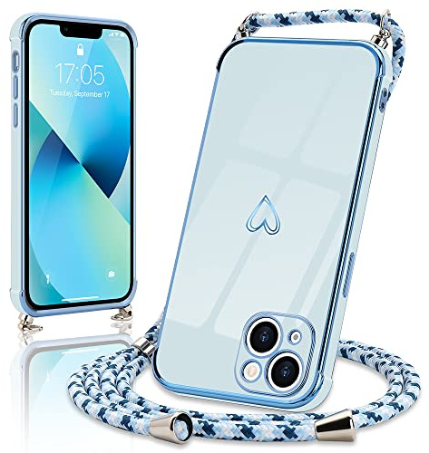 Micoden Handykette für iPhone 13 Hülle Necklace mit Band Herz Design | Kameraschutz Handyhülle Herz Design Galvanik Dünn Silikon Case Bumper Kordel zum Umhängen Stoßfeste Schutzhülle, Blau