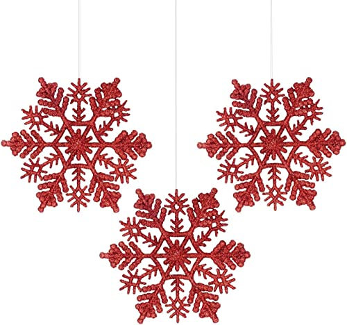 Duories 24 Stück 10cm Glitzer Schneeflocken Weihnachts Anhänger,Weihnachten Baumschmuck Weihnachtsanhänger,Weihnachtsbaumanhänger Christbaumschmuck,Winterdeko Weihnachtsdeko Weihnachten Anhänger,Rot