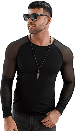 Verdusa Men's Round Neck Mesh Long Sleeve Slim Fit Semi Sheer Tee Shirt Clubwear Top Black L