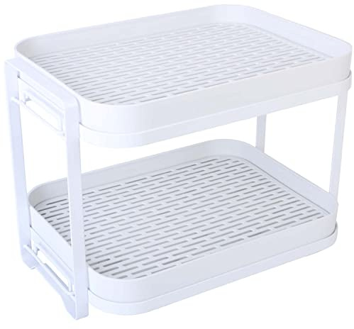 Simmer Stone 2-Tier Cups Mugs Drying Rack with Drain Tray, Kitchen Storage Organizer Shelf for Drinking Glass Bottle Bowls (Flat white)